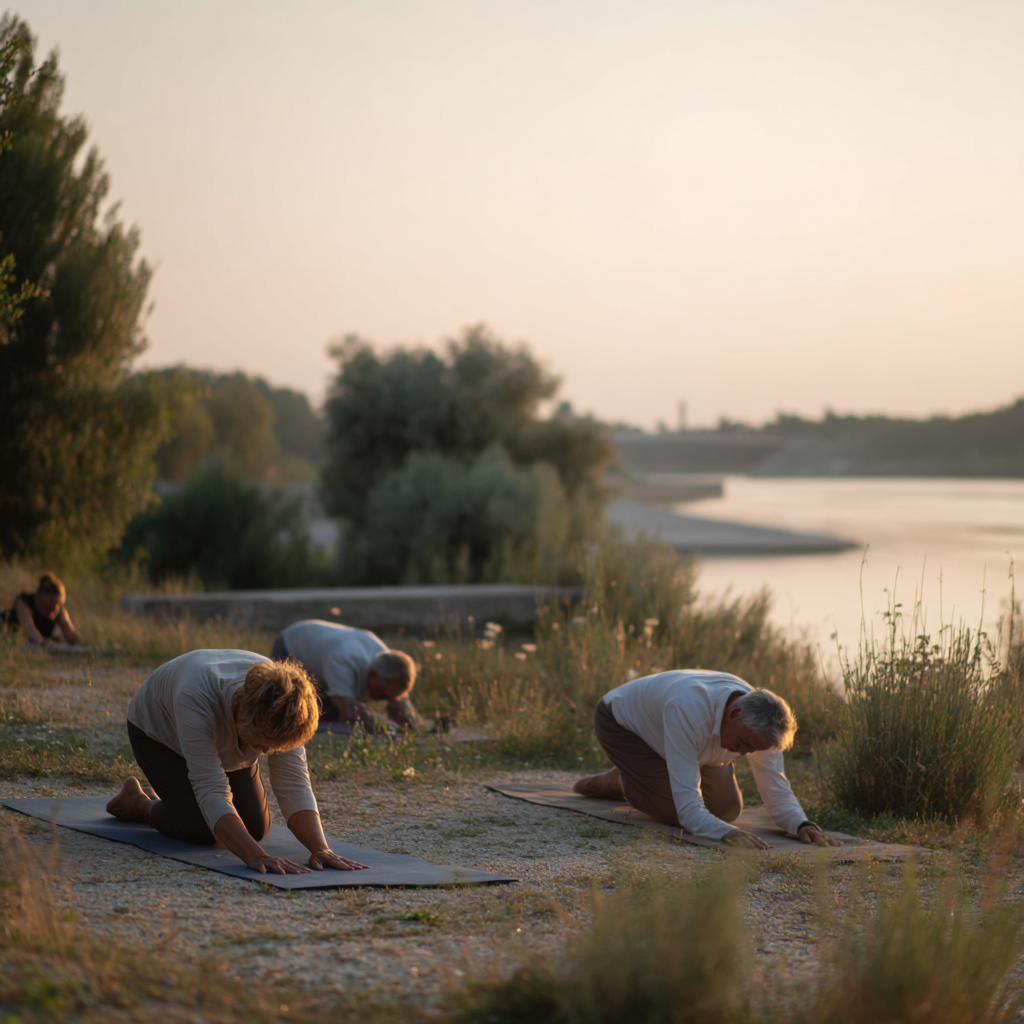 Mosolygó magyar felnőttek jógáznak egy természetes környezetben, különböző korcsoportokból