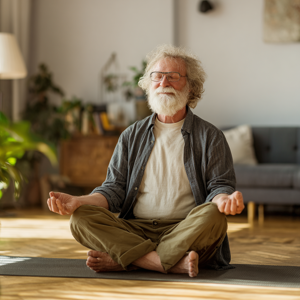 Magyar felnőttek relaxációs jóga gyakorlatokat végeznek egy nyugodt, természetközeli környezetben